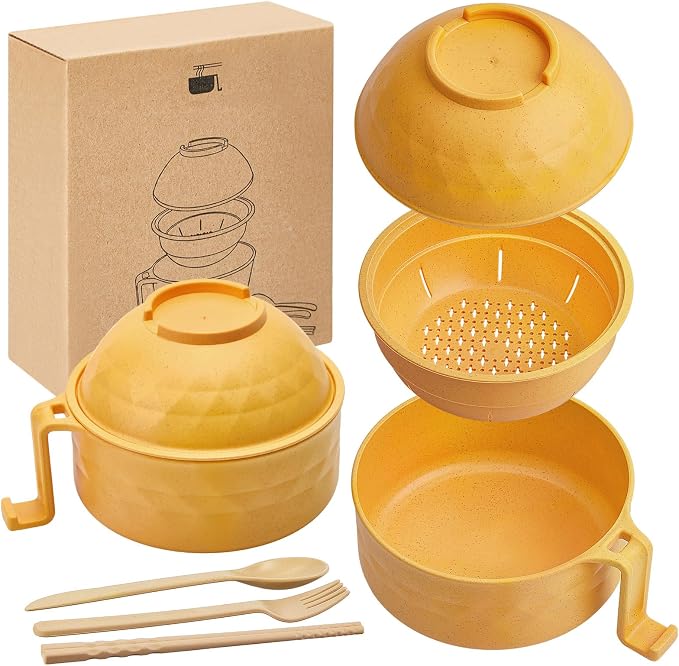 1 Set Microwave Ramen Cooker 40oz Wheat Straw Microwave Noodle Bowl Set with Chopsticks, Spoon, Fork, College Dorm Office Apartment Essentials (Yellow)