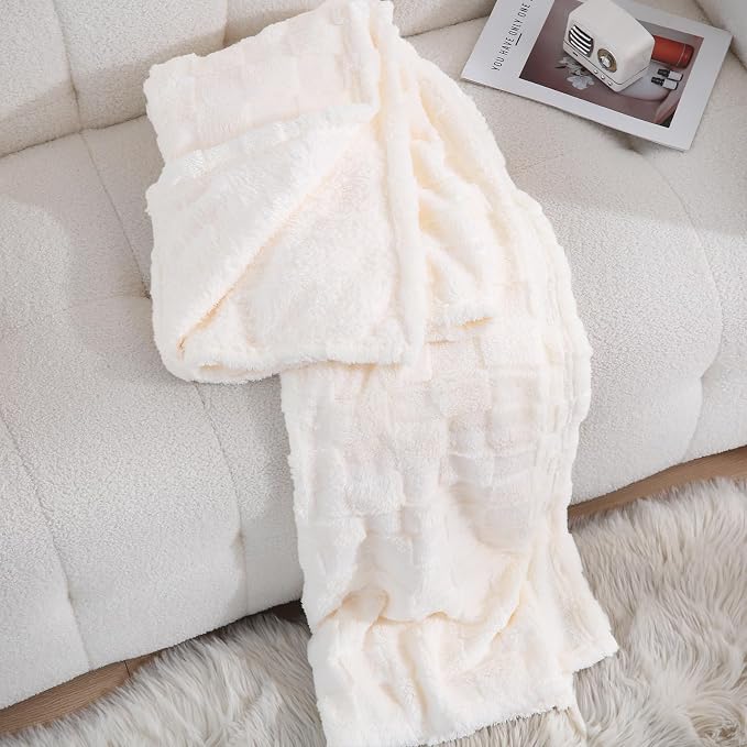 Cream White Fleece Throw Blanket 90”×90”Checkered Design for Couch | Super Soft Cozy Plush Microfiber 3D Square Pattern Flannel Blanket for Sofa Bed Lightweight for Adults,Women