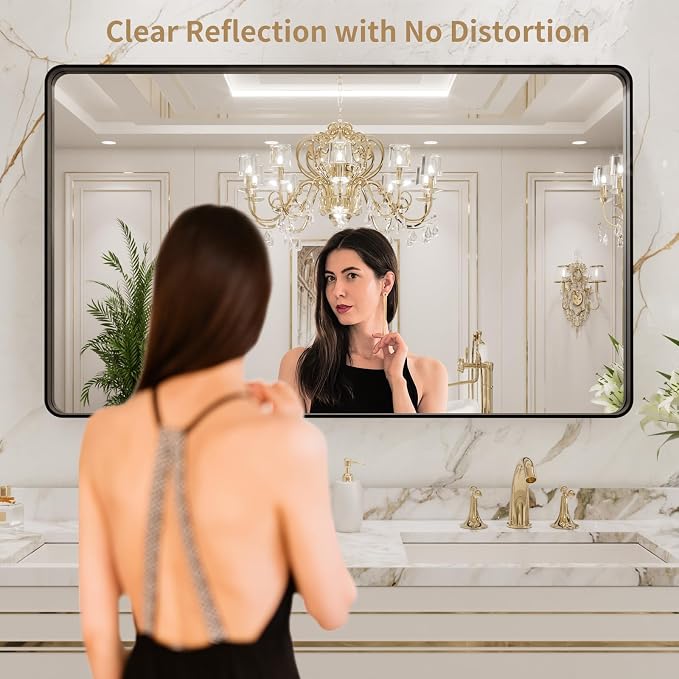 LOAAO 40x24 Inch Black Bathroom Mirror Metal Framed | Matte Black, Rounded Rectangle, Anti-Rust, Hangs Horizontally or Vertically