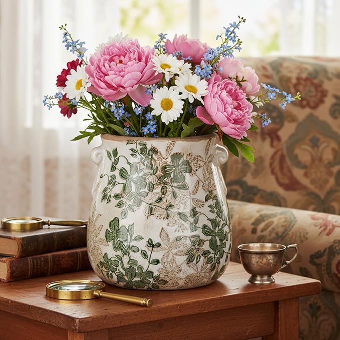 Ceramic Scroll Planter 6.5 Inch Chinoiserie Floral Vase with Drainage Holes Vintage Flower Vase Flower Pot Rustic Ceramic Pots for Indoor Plants Garden Home Bookshelf Decor(Double Green)