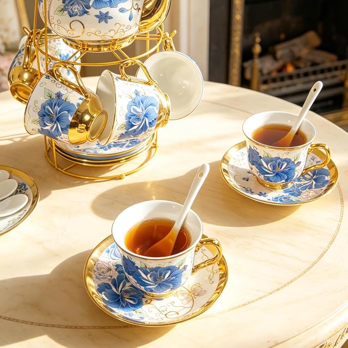 CHANJOON Gold Plated Red Rose Ceramic Tea Set, Vintage Tea Sets with Teapot, Beautiful Tea Set Coffee Serving 6 People (Blue Rose, large)