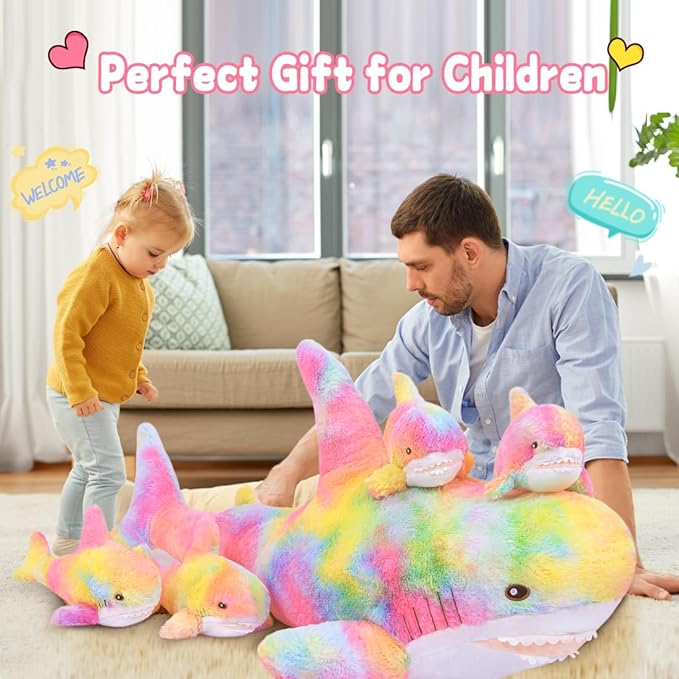 Giant Shark Stuffed Animals Plush, Large Shark Plush Pillow with 4 Little Sharks, 100cm/39.4inches Colorful Sharks Plush Toy Gifts for Kids(Pink)