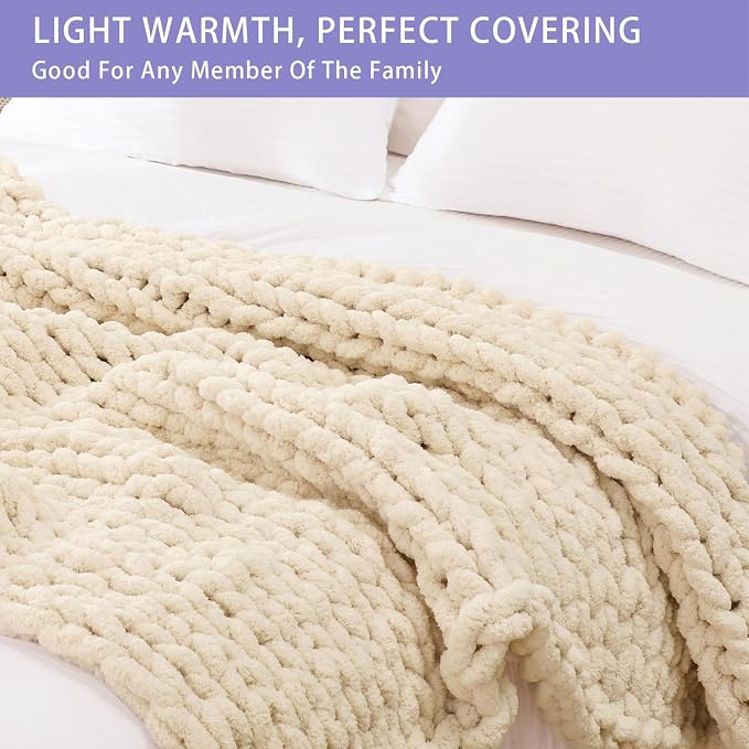 Bigacogo Chunky Knit Throw Blanket for Couch, 40x80 inches, Beige | Hand Knit with Jumbo Chenille, Soft Breathable Cable Knit for Sofa Bed Living Room, Machine Washable, Gift for Mom Friend
