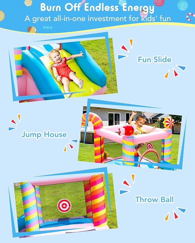 Candy Bounce House for Kids Ages 3-6, Sweet Inflatable Bouncy Castle with Slide, Indoor Outdoor Small Jumping House, Mini Toddler Bounce Castle for Birthday Gifts and Holidays(Without Blower)