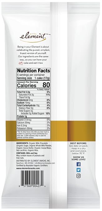 Element, Rice Cake, Og2, Milk Choc, Pack of 6, Size 3.5 OZ, (Low Carb Gluten Free Kosher Low Sodium Vegan Wheat Free Yeast Free 95%+ Organic)