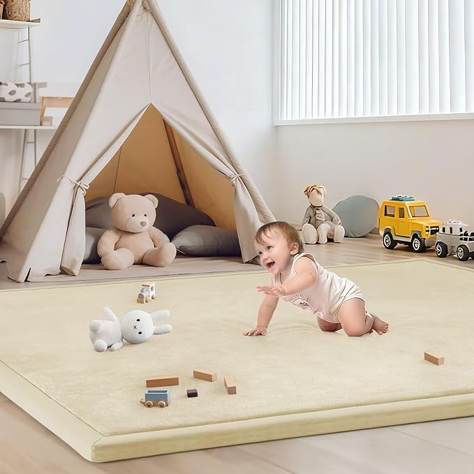 Baby Play Mat for Floor Nursery Rug Muscle Mat Area Rug Playroom Rug 71"x79" Playpen Mat Elastic Foam 1.3" Thick Crawling Mat for Babies,Toddlers, Infants, Kids,Light Beige