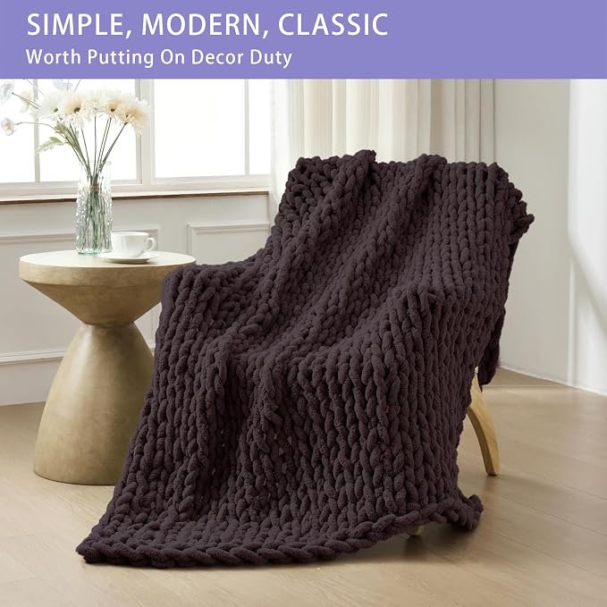 Bigacogo Chunky Knit Throw Blanket for Couch, 40x60 inches, Chocolate | Hand Knit with Jumbo Chenille, Soft Breathable Cable Knit for Sofa Bed Living Room, Machine Washable, Gift for Mom Friend
