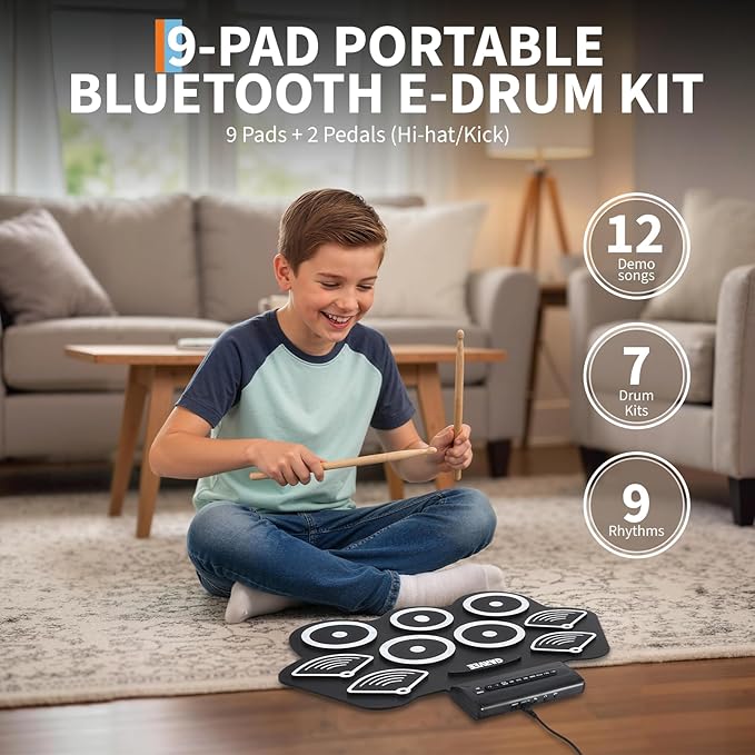 9 Pads Bluetooth Electric Drum Set, Portable Roll Up Electronic Drum Pad with Headphone Jack, Pedals & Sticks, Recording Function, Great Holiday Xmas Birthday Gift for Kids