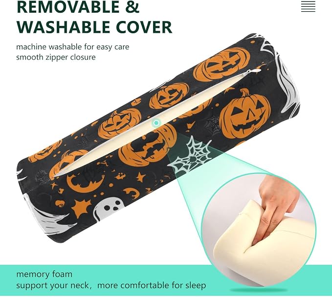 Gothic Funny Halloween Ghost and Pumpkins Neck Roll Pillow Bolster Round Health Memory Foam Long Cervical Cylinder Pillows with Removable Washable Cover for Body Bed Legs Back Yoga