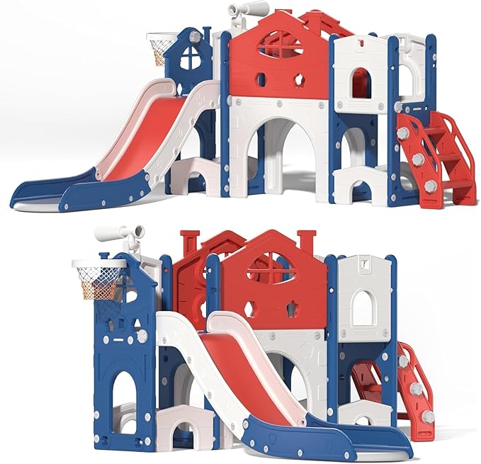 SANDINRAYLI 8-in-1 Indoor Toddler Slide, Kids Slide with Stairs, Outdoor Playground Slides for Kids 3-8, Freestanding Slides with Basketball Hoop, Telescope, Tunnel, and Storage for Boys & Girls