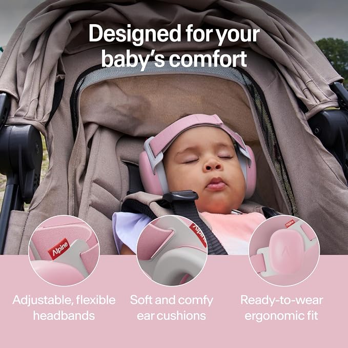 Alpine Muffy Baby Comfort - Protects Hearing for Babies and Toddlers - CE & ANSI Certified - Headband for Safe fit & Comfort - Adjustable for Ages 3-48 Months - 24dB Sound Reduction, Pink