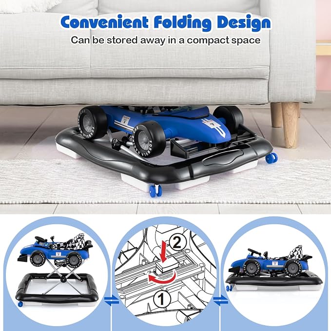 HONEY JOY Baby Walker, 4-in-1 Foldable Infant Activity Push Walker, Toddler Car Walker with Adjustable Heights, Music, Lights, Padded Seat, Baby Walker with Wheels for Boys Girls 6-18 Months (Blue)