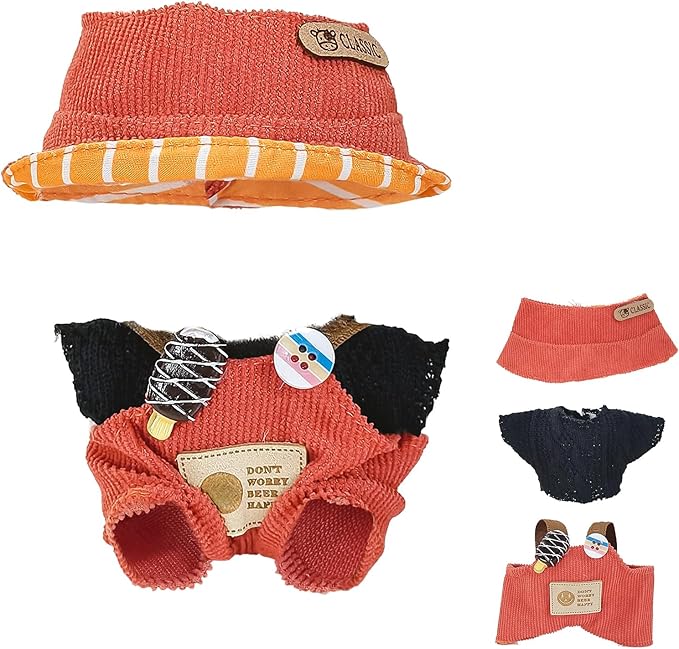 Doll Clothes for 17cm Dolls, Cute Outfit Set with Accessories, Bucket Hat and Overalls (No Doll) (Orange Overalls Set)