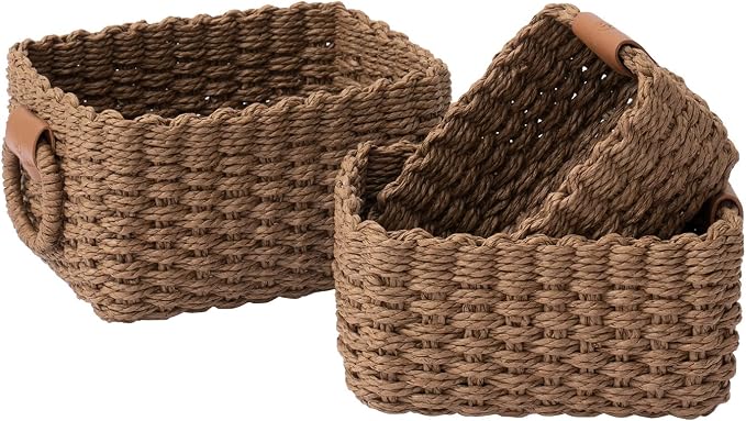 LA JOLIE MUSE Small Wicker Baskets for Organizing, Brown 3 Pack | Decorative Organizer with Vegan Leather Tag, Round Handle, Storage Baskets for Shelves, Bedroom, Kitchen, Office and Home