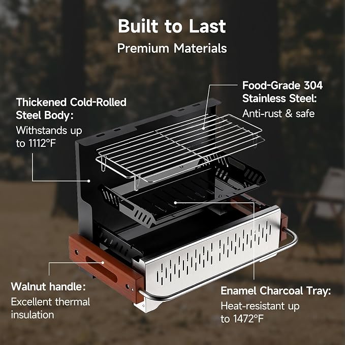Portable BBQ Charcoal Grill, No Assembly Hibachi Grill for Camping | Height Adjustable 304 Stainless Steel Grate, Easy Clean Enamel Tray, Foldable Grill for Beach and Patio