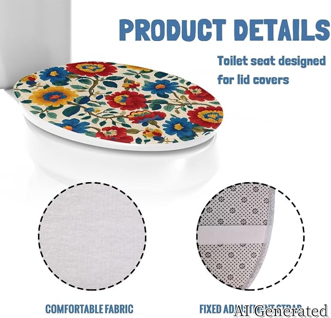 Wildflower Oblong Elongated Toilet Cover, Soft Machine Floral Oval Lid Cushion, Blue Coastal Bathroom Home Decor