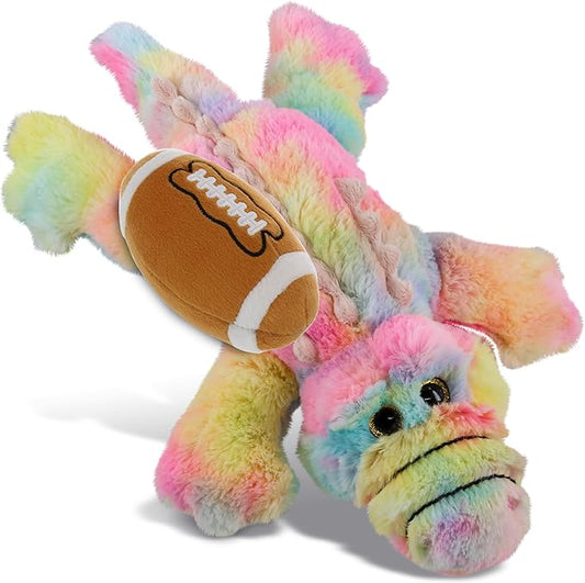 DolliBu Rainbow Alligator Stuffed Animal with Football Plush - Huggable Playtime Plush Toy, Cute Wild Life Gift, Plush Doll Animal Toy for Kids and Adults with Name Personalization - 12 Inches