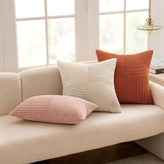 MIULEE Pink Decorative Lumbar Throw Pillow Covers 12x20 Inch 2 Pack | Boho Farmhouse Pillow Covers, Soft Cross Corduroy Patchwork Textured Cushion Cases For Bed Sofa