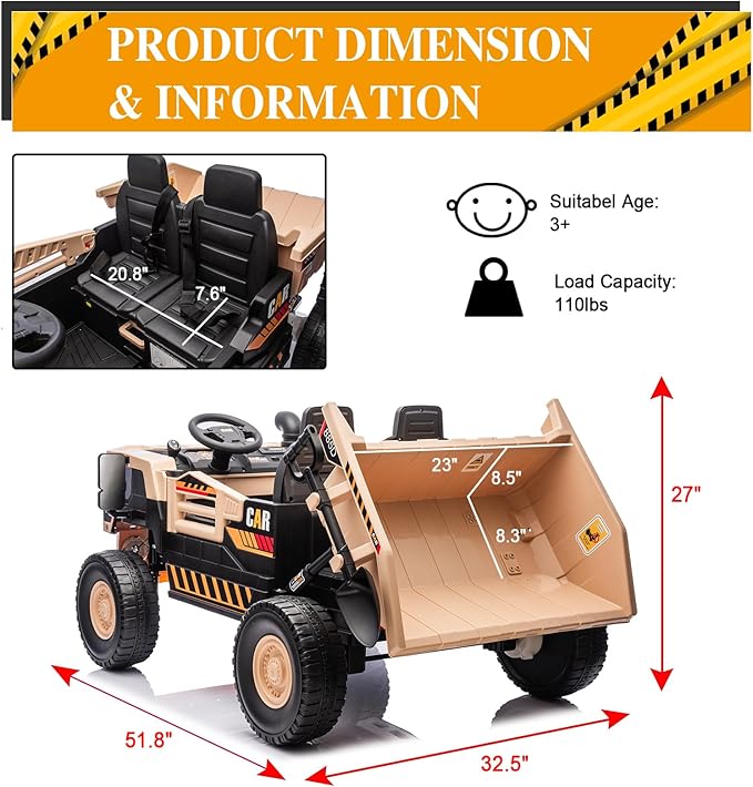 POSTACK 24 Volt Ride on Car with Remote Control, Ride on Construction Vehicle 4 Powerful Motors,20" Spacious 2 Seater Ride On Toddler Car Side by Side with Electric Dump Bed, Khaki