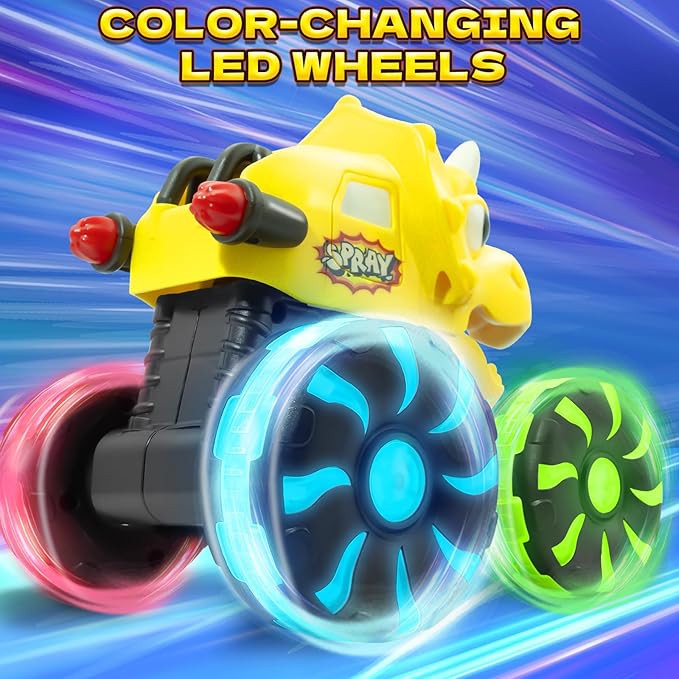Yellow Triceratops Dino Monster Truck – Toddler Push Car Toy with LED Wheels – Press & Go Dinosaur Toy Vehicle for Kids Ages 2 3 4 5 – Chomping Mouth Light-Up Action Toy for Boys Girls