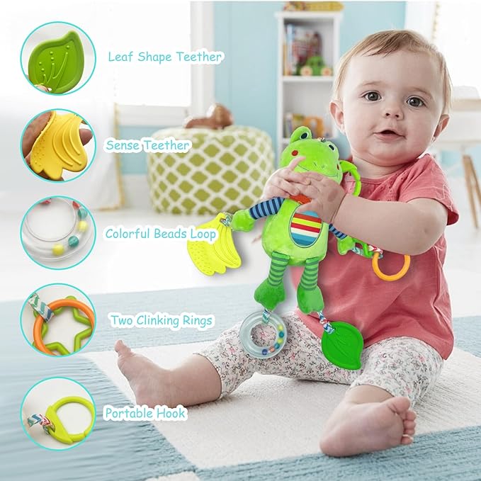 Baby Hanging Toys, Plush Animal Stuffed Sensory Toys for Carseat Stroller Car Seat Crib Play Gym, Baby Toys for 0 3 6 9 12 Months, Baby Boys and Girls Gift (Frog)