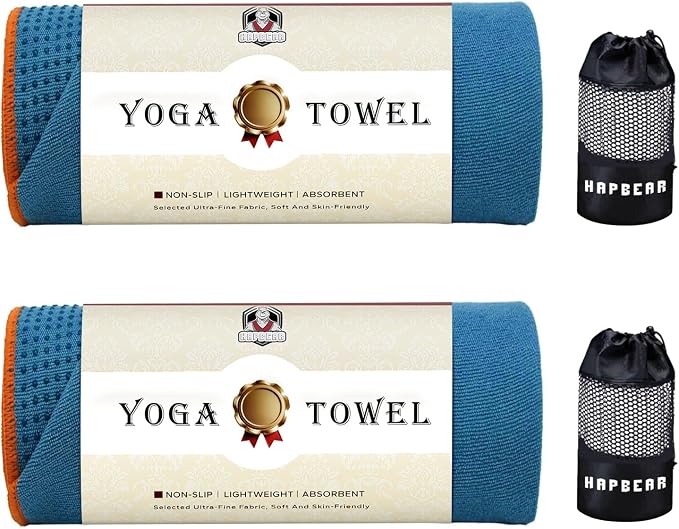 HAPBEAR 2 Pack Hot Yoga Towel with Non-Slip Grip Dots, 72" x 24" - Super Absorbent, Soft Microfiber Yoga Mat Towel for Bikram, Gym, Pilates - Blue