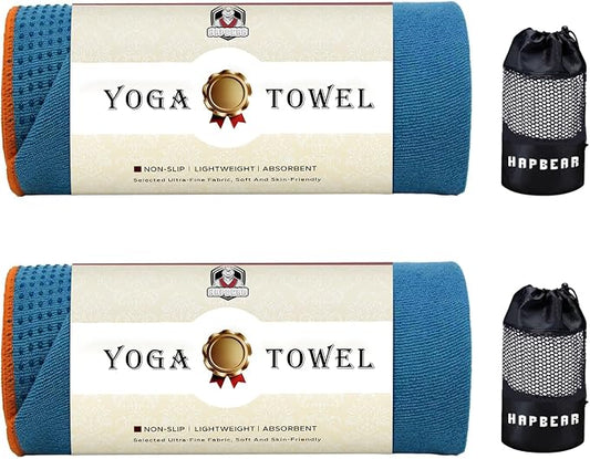 HAPBEAR 2 Pack Hot Yoga Towel with Non-Slip Grip Dots, 72" x 24" - Super Absorbent, Soft Microfiber Yoga Mat Towel for Bikram, Gym, Pilates - Blue