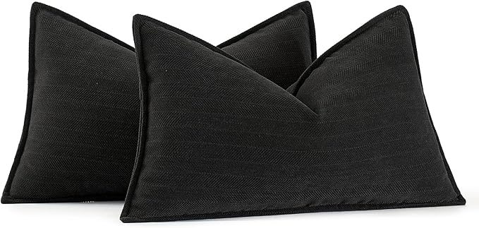 MIULEE Pack of 2 Black Decorative Lumbar Chenille Pillow Covers 12x20 Inch | Soft Couch Throw Pillows,Farmhouse Cushion Covers with Elegant Design for Sofa,Bedroom,Living Room,Spring Home Decor
