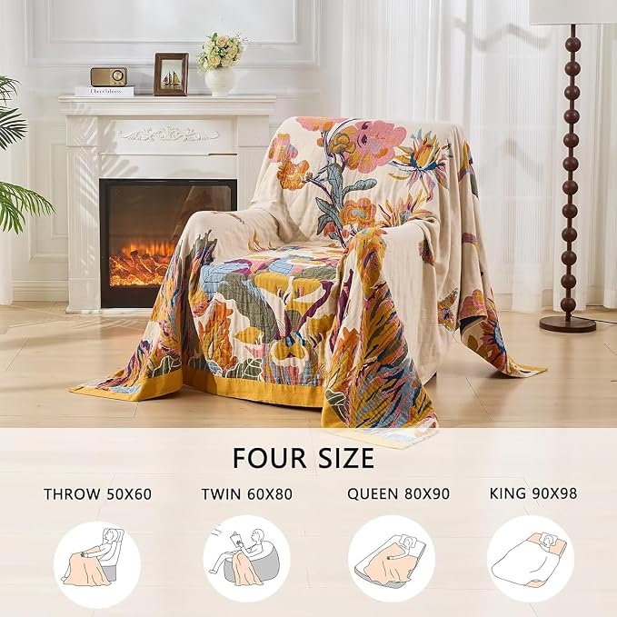 Boho Throw Blanket Farmhouse Decor Throw Blanket Bohemian Blanket for Bed 100% Cotton Muslin Woven Couch Blanket All Seasons Quilt Bedroom (D-Yellow, 60"x80")