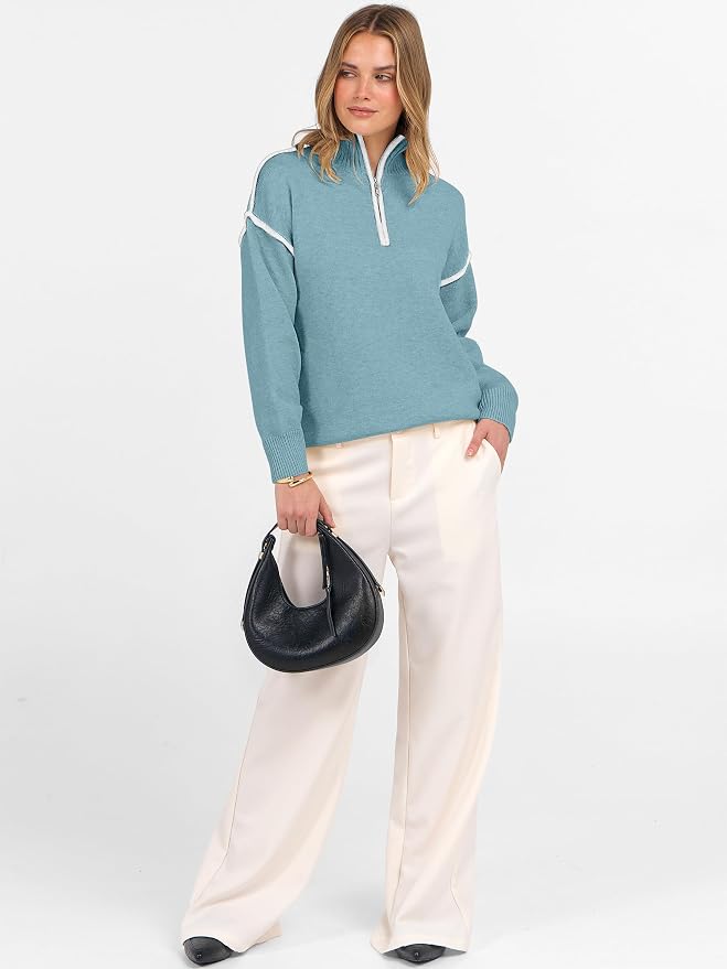 ANRABESS Womens Quarter Zip Sweaters Fall Long Sleeve V Neck Shirts Collared Business Casual Tops Knit Pullover Sweatshirts