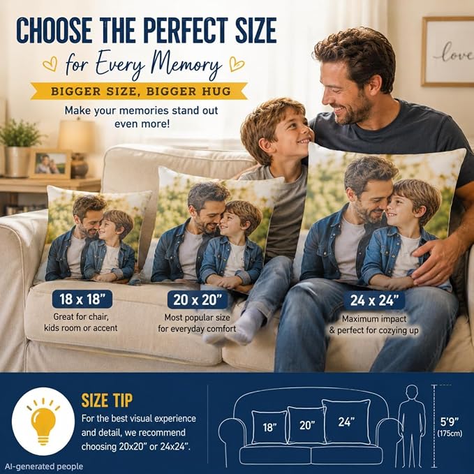 Bemaystar Personalized for Dad, Custom Pillow Cover with Picture, Custom Dad Gifts from Daughter Son Wife, Soft Throw Pillow Cover for Husband Grandpa, Made in USA(No Insert)