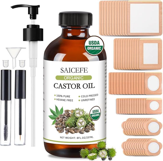 76Pcs Castor Oil Patches with 8oz Castor Oil Organic Cold Pressed Unrefined Glass Bottle, Cotton Caster Oil Pack Wrap for Waist Back Neck Arm Belly, Self-Adhesive Disposable for Convenient Use