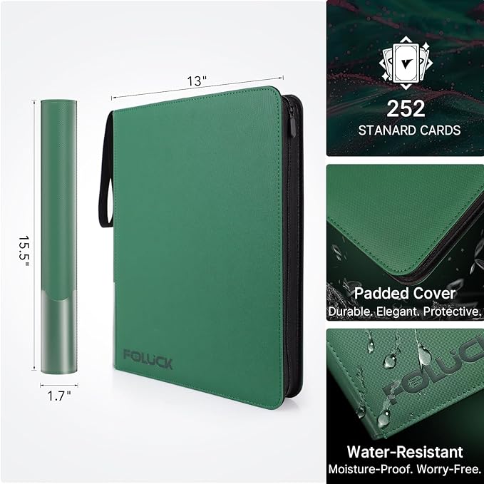 Foluck 9 Pocket Top Loader Binder, Holds 252 Toploaders, 200Pcs Top Loaders & Card Sleeves Included, Side-Loading Trading Card Binder, Premium Collection Album for Pokemon, MTG, Sports Cards (Green)
