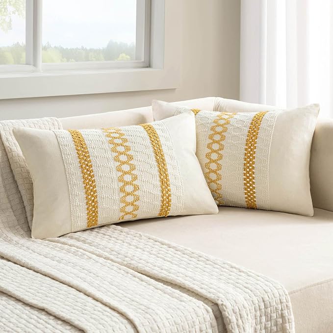 MIULEE Set of 2 Mustard Yellow Decorative Lumbar Pillow Covers 12x20 Inch | Fall, Boho Farmhouse Modern Couch Throw Pillows, Cotton Cushion Covers, Macrame Woven Home Decor for Bed Sofa Chair