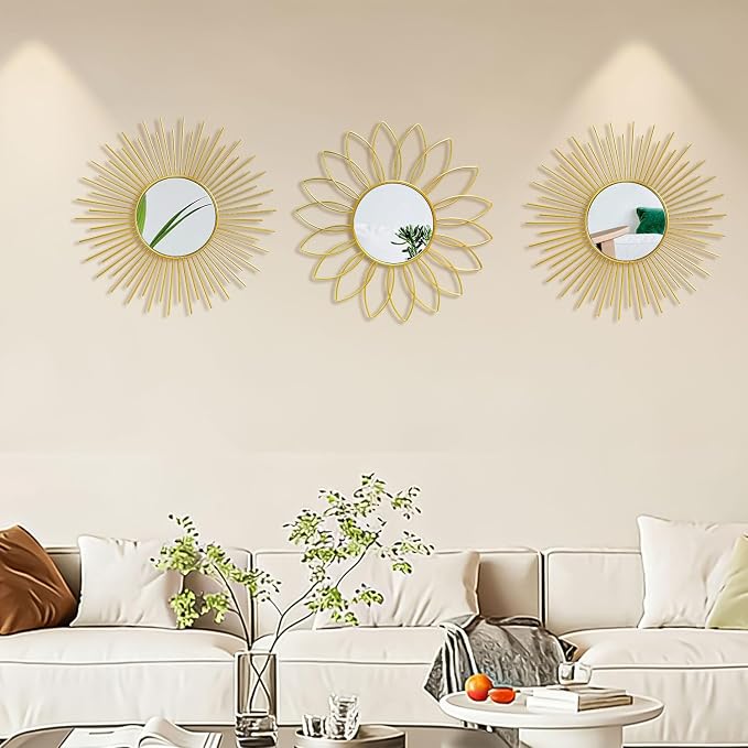 3 Pack Metal Mirrors for Wall Sunburst Wall Mirrors Home Décor Decorative Hanging Wall Art for Living Room Bedroom Entryway (Gold2, Flower+Sunburst)