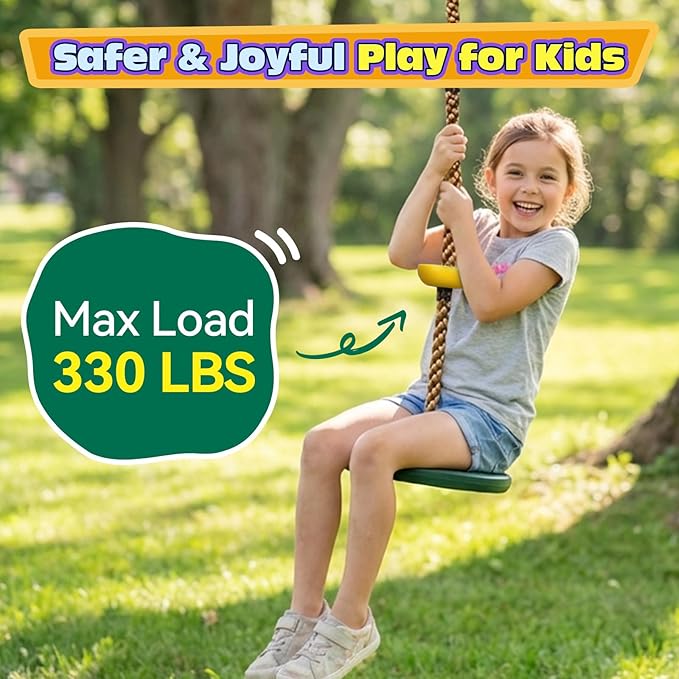 HeyZoo Tree Swing for Kids 330LB Capacity, Climbing Rope with Platforms and Disc Swing Seat Set Outdoor Backyard Playground Accessories with Carabiners and Thickened Strap, Green
