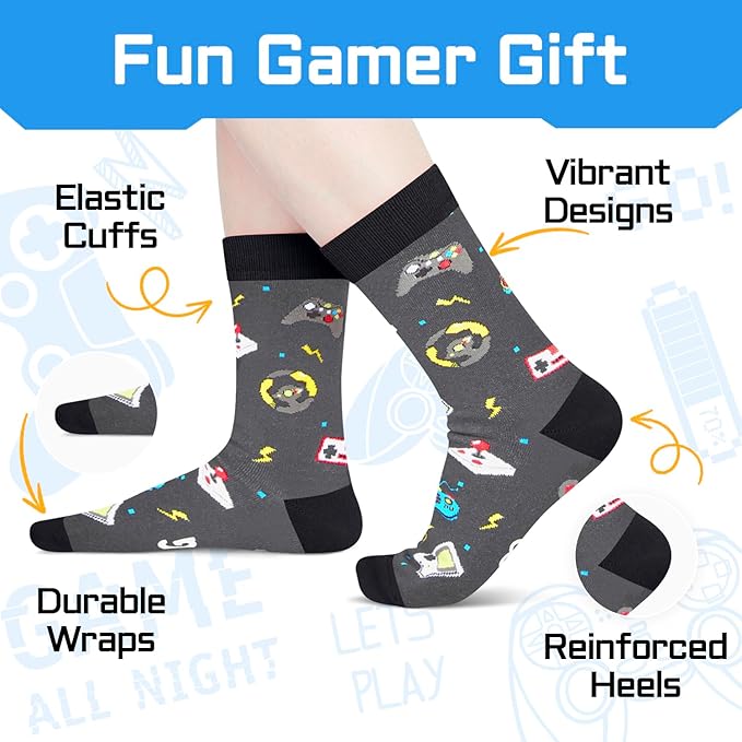 Gamer Gifts for Men - Gamer Stocking Stuffers for Teen Boys, Video Game Socks with Greeting Card and Keychain