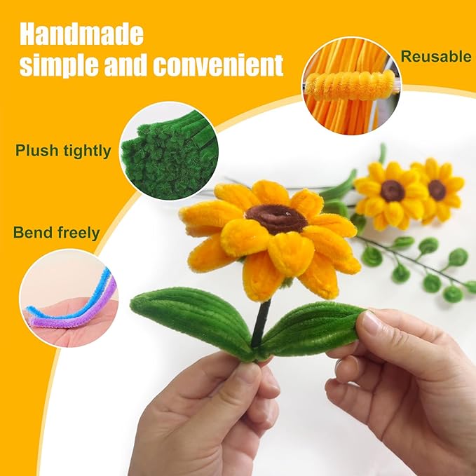 Pipe Cleaners,DIY Flower Bouquet Kit700pcs (Orange,Green,Brown) Sunflower Chenille Stems Kit, Flower Making Craft Materials(32Flowers),Art and Craft Supplies