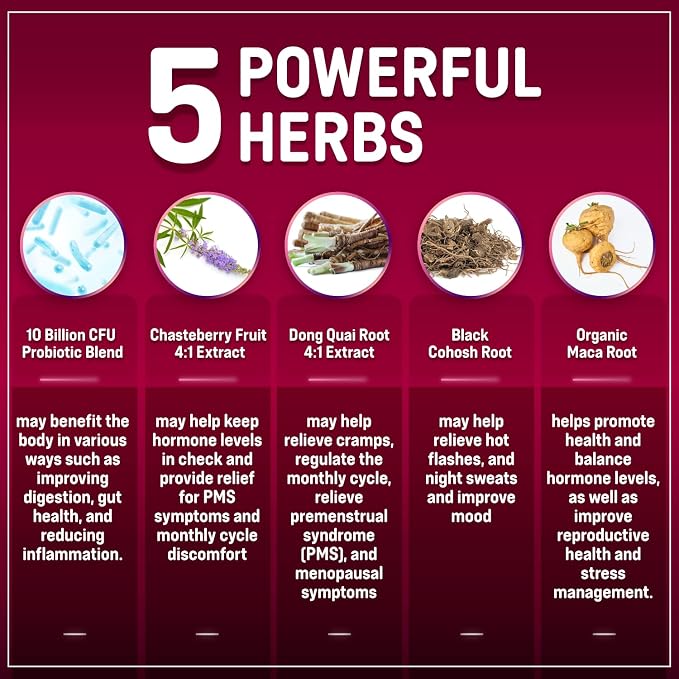 Hormone Balance + Probiotics for Women- Natural Menopause Relief, Weight Management, Bloating, Hot Flashes, PMS | Organic Maca, Chasteberry, Dong Quai & Black Cohosh | Non GMO |120 V Capsules | All Natural, NON GMO, Made in USA