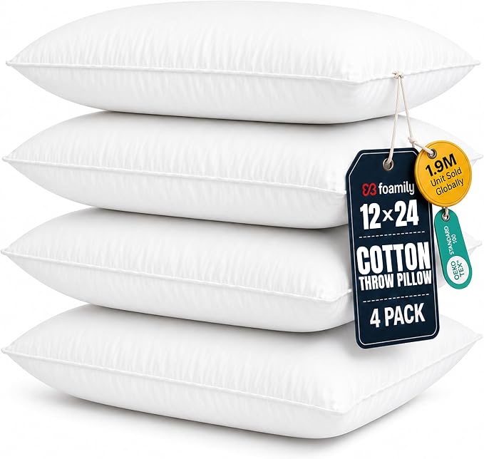 Foamily 12x24 Lumbar Pillow Inserts, Set of 4, 100% Cotton Cover, White | Cotton cover, plush down-alternative fill, machine washable Fits 12x24 lumbar covers Couch, bed, accent chairs