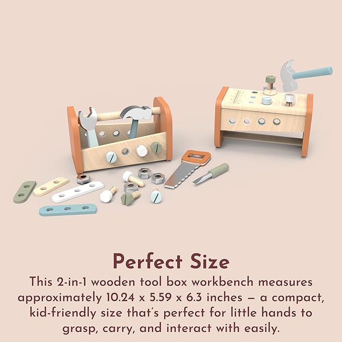 Speedy Monkey 2-in-1 Wooden Tool Box Workbench – FSC Certified Pretend Play Workshop Set for Kids with Tools, Wrench, Hammer & Saw – Role Play Car & Construction Toy for Toddlers & Preschoolers