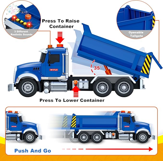 Kids Toys for 3 4 5 6 7 8 Years Old Boys, Large Dump Truck Toy with Lights, Sounds, Blue Toddler Friction Powered Truck Vehicle Toy for Boys Girls Birthday Gifts