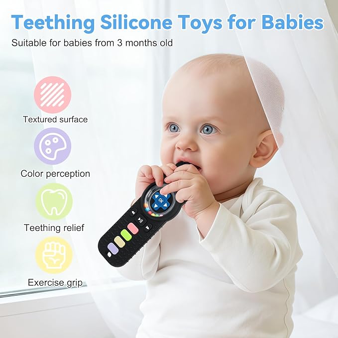 Baby Teether Toy Chew Toys for Babies, Silicone TV Remote Control Shape with Rattle Teething Relief for Infants, Sensory Teething Toys for Baby