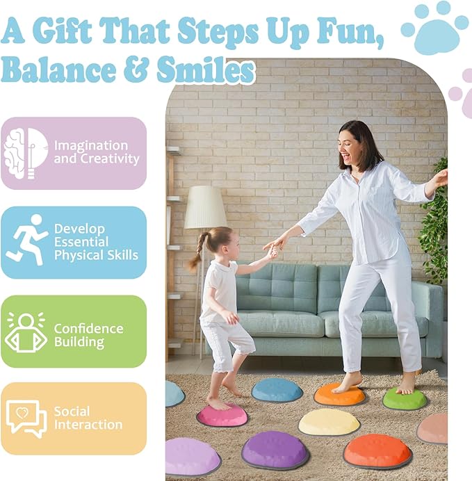 Stepping Stones for Kids, 10 PCS Non-slip Toddlers' Balance Sensory Toys, Indoor & Outdoor Play, Obstacle Course Game for Children Promoting Coordination and Motor Skills, Ages 3 4 5 6 7 8+ (10)