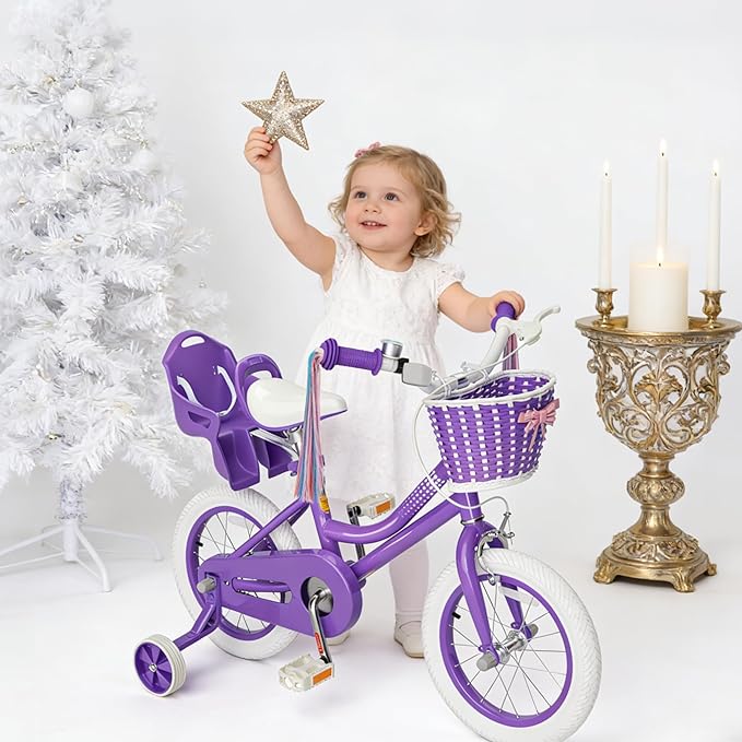 KORIMEFA Girls Bike for Ages 2-8 Years Toddler Kids with Doll Seat, 12 14 16 Inch Bicycle with Training Wheels, Little Small Princess Bicycle with Basket& Streamers, Girls Pedal Bike
