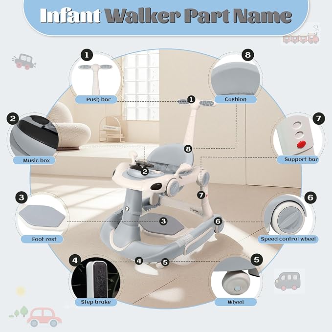 Baby Walker, 4-in-1 Baby Walker with Wheels Portable, Foldable Infant Toddler Walker for Boys Girls 6-18 Month,Removable Footrest,Car Steering Wheel & Music, Adjustable Push Walker Grey