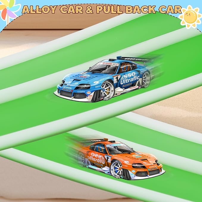 Flex Tracks 15 Ft for Kids Starter Set, Flexible Race Car Ramp Track with Suction Cups Compatible with Hot Wheels and Diecast 1/64th Cars for Ages 3 & Up (Green & White)