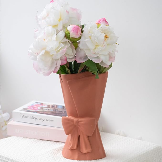 Relexome Pink Ceramic Bow Vase 9.64 in Unique Cute Modern Decorative Bouquet Flower Vases for Home Living Room Table Decor Women Girl Gifts