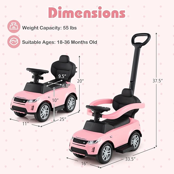 Costzon Push Car for Toddlers, 3 in 1 Land Rover Discovery Stroller Sliding Walking Car with Handle, Horn Sound, Underneath Storage, Armrest Guardrail, Foot-to-Floor Ride On Toy for Boys Girls (Pink)