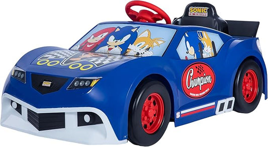 Sonic The Hedgehog 6V Grand Prix Kids Ride on Car, Rechargeable Battery, Working Headlights, Sounds, Hood Storage, 1.9mph Speed, Exciting Ride On Toys for Children Ages 3 and Up